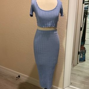 Zara 2 Piece Skirt Crop Top Knit Set Size M Periwinkle Blue